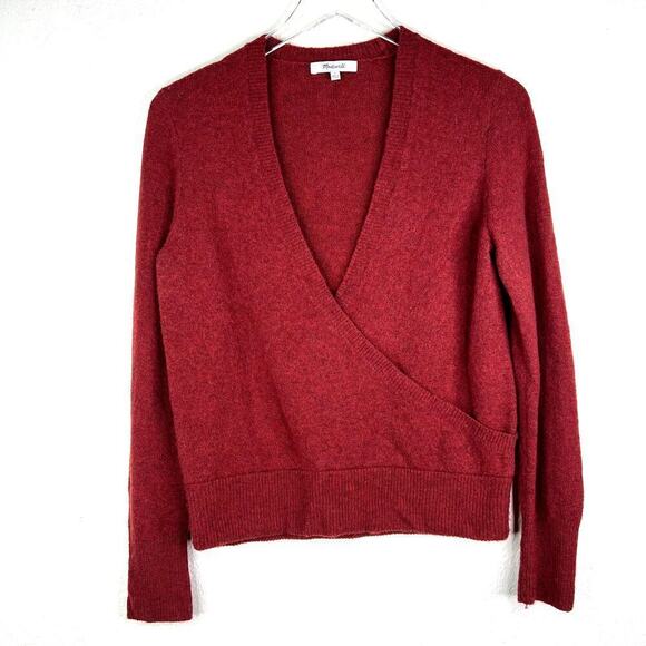 Madewell Faux Wrap Front Knit Pullover Sweater Heather Scarlet Red V-Neck SMALL - Picture 1 of 5